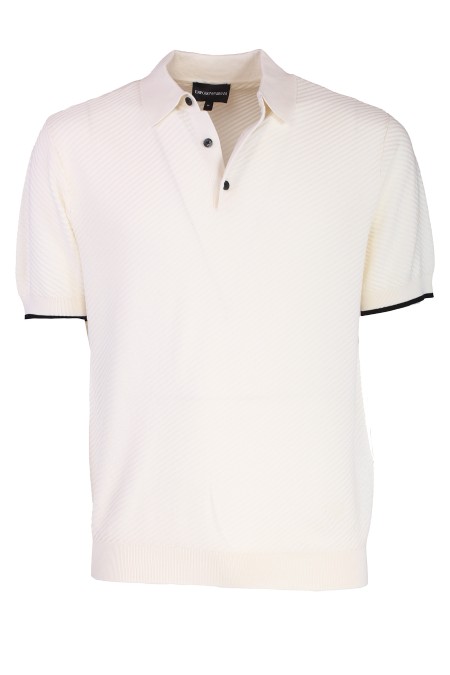Shop EMPORIO ARMANI  Polo Shirt: Emporio Armani polo shirt in patterned stitch knit.
Fineness: 14.
Fancy stitch.
Polo neck.
Partial closure with buttons.
Short sleeves.
Ribbed profiles.
Micro eagle embroidery on left bottom.
Composition: 100% Cotton.
Made in China.. 3D1MXM 1MPGZ -F110